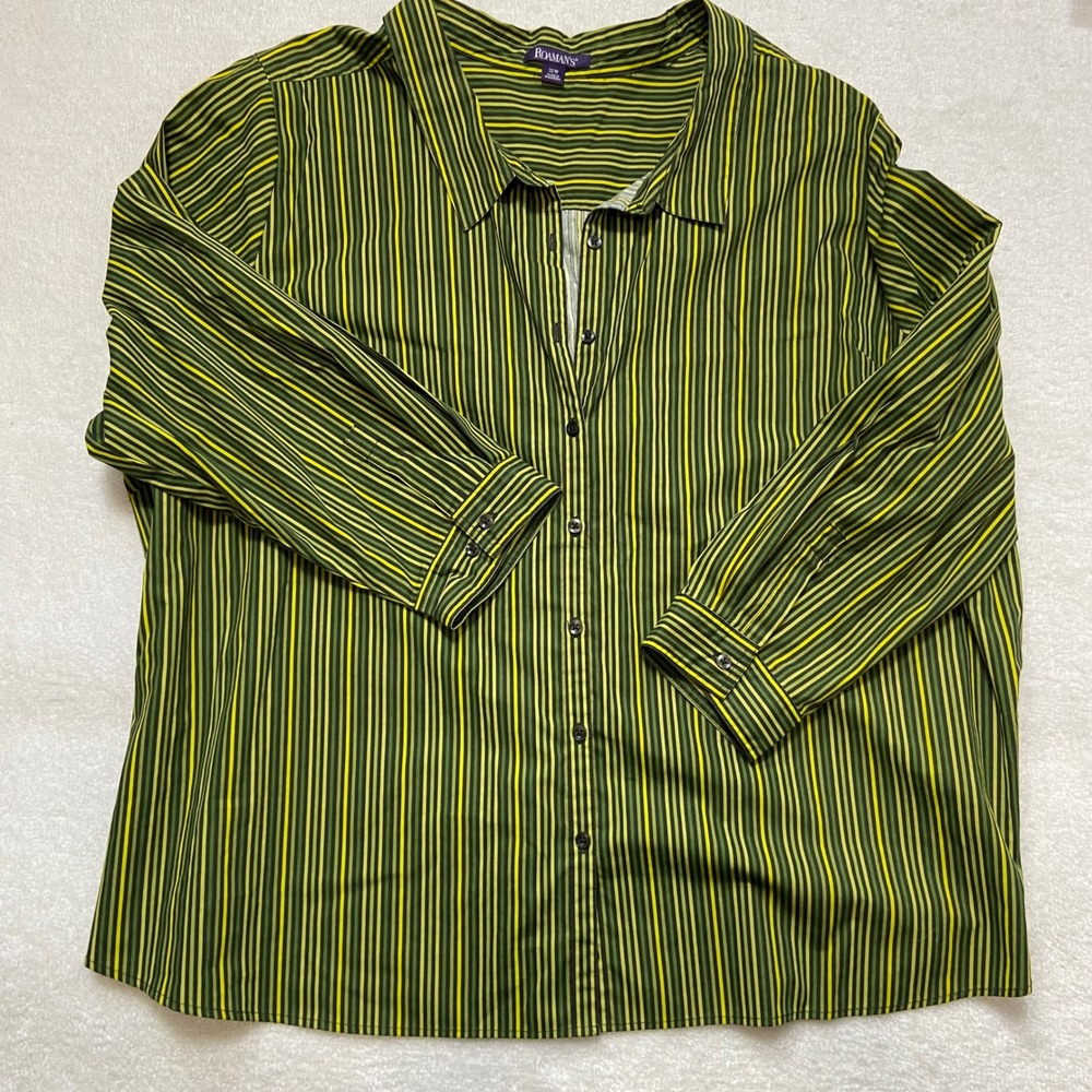 Roamans Women 32W Green Yellow Striped Button Down Shirt Long Sleeve